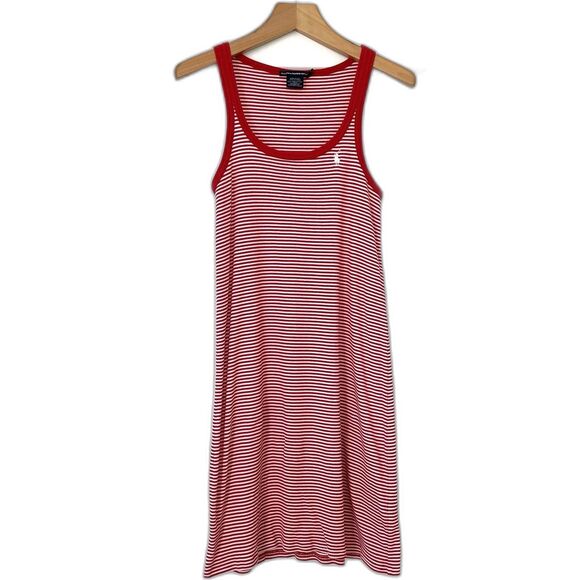 100% Cotton VINTAGE Y2K Ralph Lauren Sport Tank Midi Dress Red Stripes Size L - Picture 1 of 11